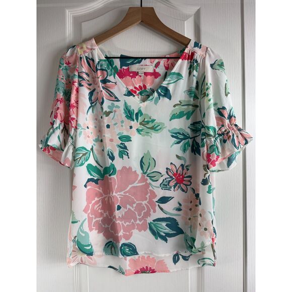 Loft Multicolor Floral Flutter V-Neck Short Sleeve Blouse Polyester Women's XS - Picture 1 of 12